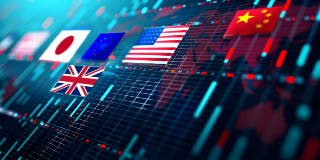 Trading CFDs in Stock Market. Different flags of countries with the biggest stocks market capitalization.